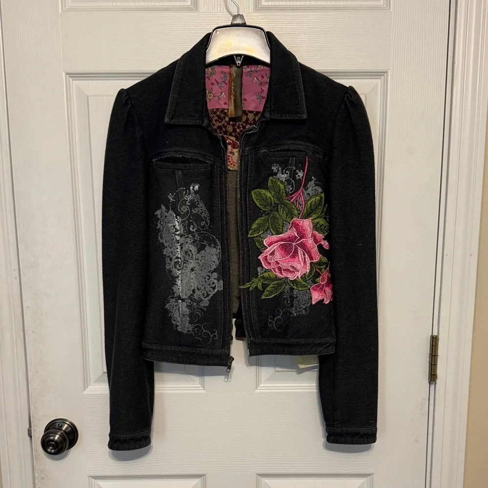 Aratta size small NWT Women's Black Denim Jacket with Pink Floral Embroidery - Picture 1 of 4